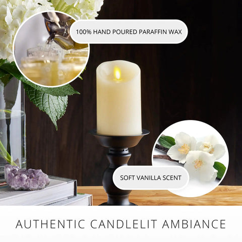 Realistic Moving Flame LED Candle Pillar 3x4.5 Inch Ivory on black holder, showcasing hand-poured paraffin wax and vanilla scent