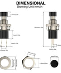 Momentary Push Button Switch 1A 250V AC SPST NC Black Cap Mini Push Button technical diagram, 6.9mm thread dimensions, 2 pin terminal