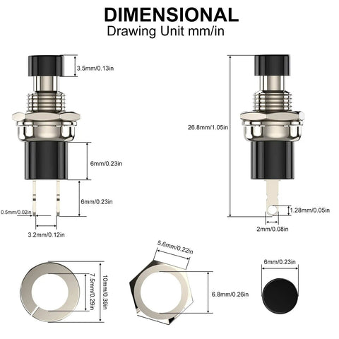 Momentary Push Button Switch 1A 250V AC SPST NC Black Cap Mini Push Button technical diagram, 6.9mm thread dimensions, 2 pin terminal