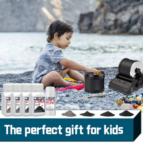 Child playing with Rock Tumbler Grit Set Complete 5 Step Polishing Kit With Coarse To Final Grits Plus Upgrade Beads Brightener.