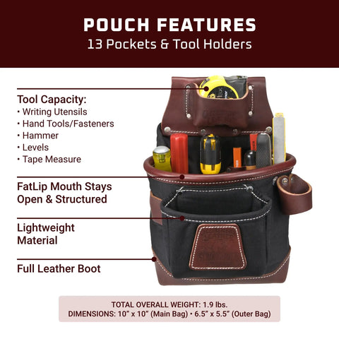FatLip Leather Tool Bag With 13 Pockets And Tool Holders 10 Inch Deep Pouch for durable tool organization, showing filled pockets.