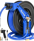 Heavy Duty Auto Retractable Air Hose Reel 3/8X75Ft hybrid build with 300Psi max pressure in blue color.