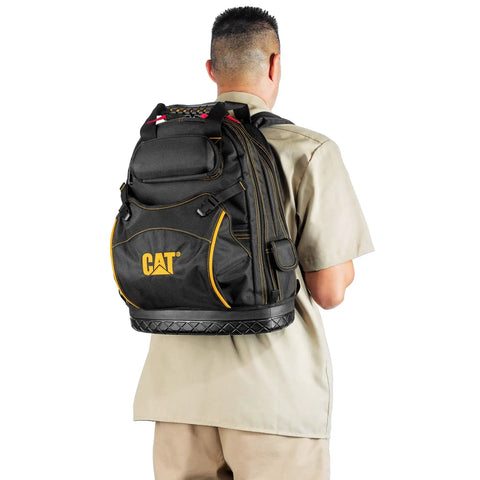 Person wearing 18-Inch Pro Tool Backpack With 32 Pockets For Gear Storage, Heavy-Duty 1680D Water-Resistant Polyester, Molded Bottom, Padded Shoulder Support