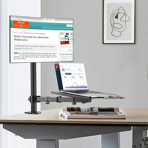 Ergonomic Monitor And Laptop Arm Mount For 13 To 32 Inch Screens Up To 22 Lbs, Adjustable Desk Mount with Laptop Tray shown in office use