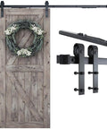 Soft Close Barn Door Hardware Kit For 42 Inch Door Fits 5 To 10 Feet Track with two-piece J shape rail and rustic door