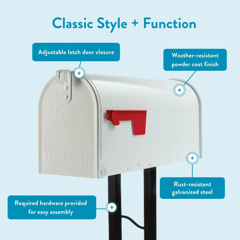 Weather Resistant Steel Mailbox With Post For Outside Use White Medium Curbside Style Built For Rain Snow And Sun Tough As Nails Durable Outdoor Mailbox For Residential Delivery Rust Resistant And USPS Approved with adjustable latch and weather-resistant finish.