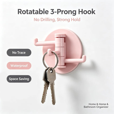 No Drill Rotatable 3 Prong Wall Hook With Insane Adhesive Hold For Durable Key Towel Bag Storage Waterproof Swiveler Perfect For Bath Kitchen Gear Organization And Quick Access, pink, mounted with keys.