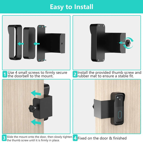 Diagram showing installation steps for No-Drill Doorbell Mount For Newest Video Doorbell Camera, Anti-Theft 360-Degree Protection.