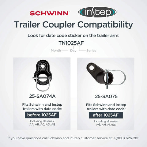 Diagram showing compatibility of the Universal Flat Bike Trailer Coupler for Schwinn and InStep models before and after 1025AF.