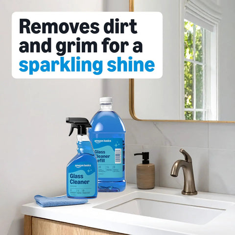 Streak Free Glass Cleaner For Mirrors And Windows, 32 Fl Oz Bottles, Pack Of 2 With Sprayer on bathroom counter