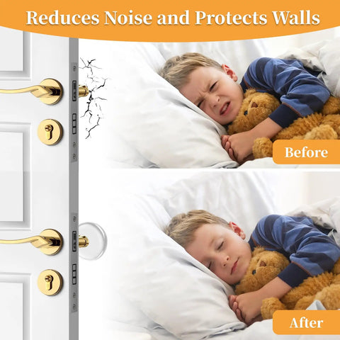 Clear Rubber Door Stopper Set With Self Adhesive Bumpers For Walls And Cabinets comparison before and after use showing noise reduction.