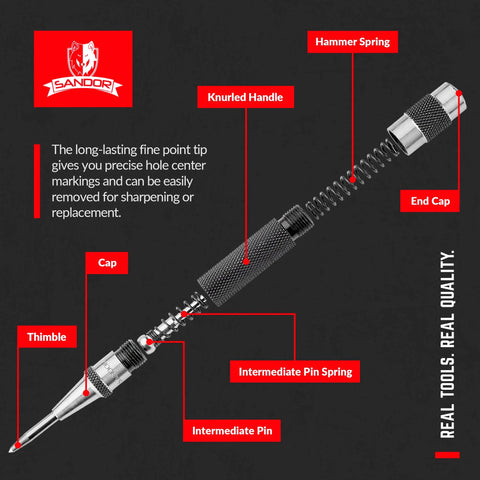 Two-pack Sandor heavy-duty automatic center punch with knurled handle, spring, and end cap in exploded view