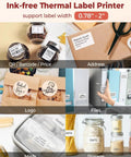 Super Duper Cool M110 Wireless Bluetooth Label Printer labels jars, packages, files, and storage, showcasing thermal printing versatility.