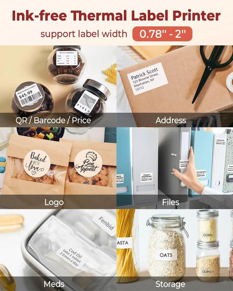 Super Duper Cool M110 Wireless Bluetooth Label Printer labels jars, packages, files, and storage, showcasing thermal printing versatility.