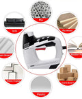 4 In 1 Electric Staple And Brad Nailer Gun showing uses on sofa, plywood, foam, photo frame, and plastic.