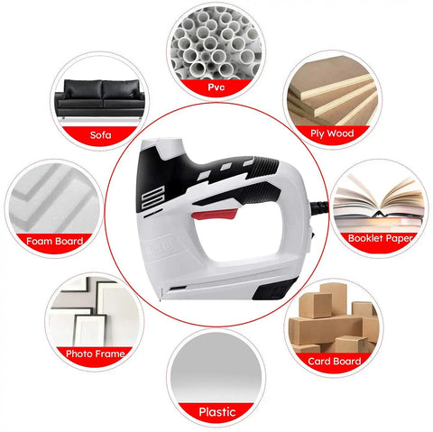 4 In 1 Electric Staple And Brad Nailer Gun showing uses on sofa, plywood, foam, photo frame, and plastic.