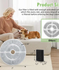 Woman with dog next to 12 Pack 7 Inch Activated Carbon Filters for Dog Water Fountains Replacement, product details displayed.