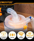Close-up of Low Profile Cyclone Dust Separator Kit for Shop Vac and Dust Collectors with attached hose and elbow on 5-gallon bucket.
