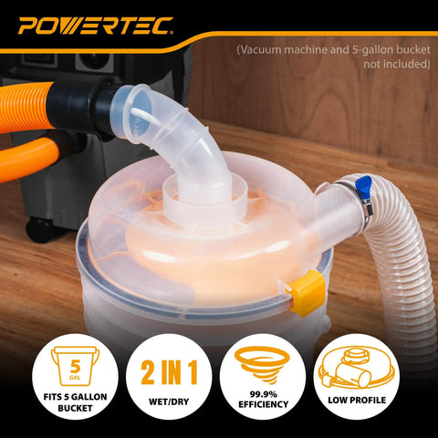 Close-up of Low Profile Cyclone Dust Separator Kit for Shop Vac and Dust Collectors with attached hose and elbow on 5-gallon bucket.