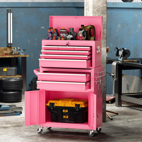 8 Drawer Rolling Tool Chest With Wheels Lockable 2 In 1 Detachable Tool Cabinet With Drawers And Black Liners Pink