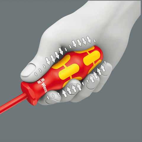 Kraftform Plus VDE Insulated Slotted Screwdriver With Lasertip Drive in hand showing comfy multi-component handle