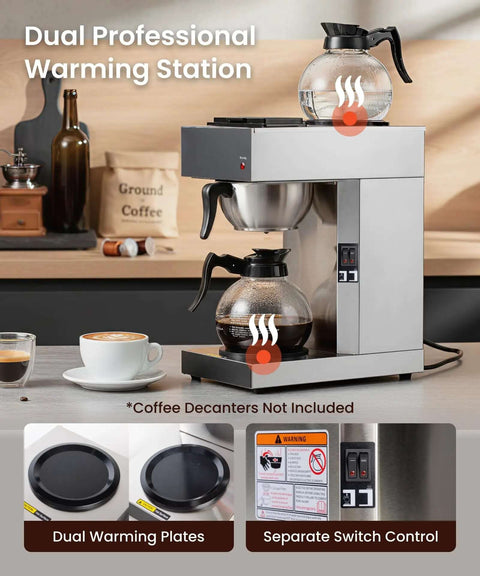 12 Cup Commercial Pour Over Coffee Maker With Industrial Stainless Steel Design, Dual Warmers, No Glass Carafe Included