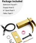 Package contents of Waterfall Spout Single Handle Bathroom Faucet For 1 Hole Sink includes faucet, hoses, deck plate, and tools.