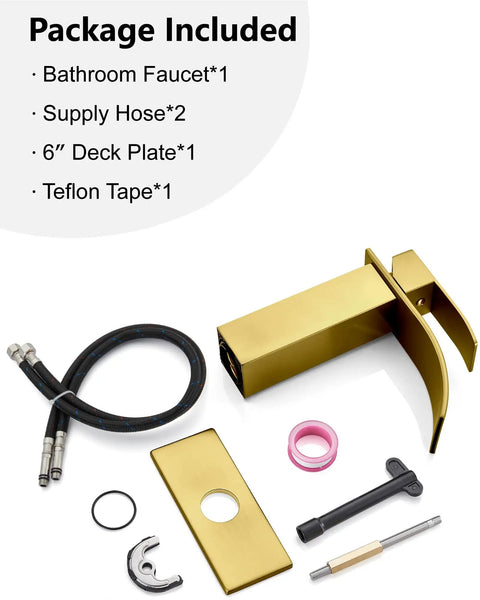 Package contents of Waterfall Spout Single Handle Bathroom Faucet For 1 Hole Sink includes faucet, hoses, deck plate, and tools.