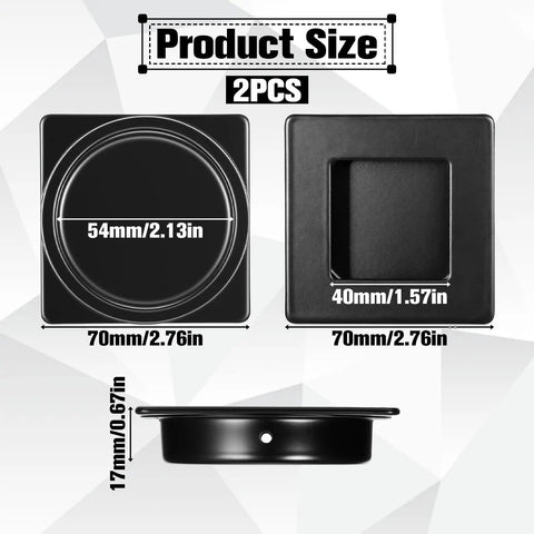 Dimensions of 2 Pack Two And Three Quarters Inch Square Recessed Sliding Closet Door Finger Pull Handles in black, side view