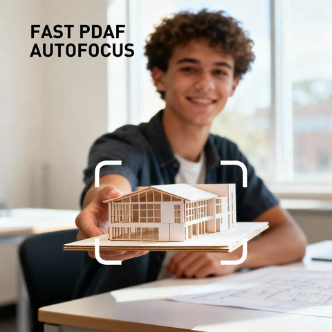 Student holding a Miniature Architecture Model demonstrating Total Game Changer 4K Center Screen Webcam With Punchy Mic And Lightning Autofocus.