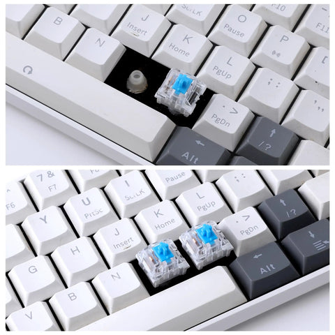 Fifty Pack 3 Pin Blue Clicky Mechanical Keyboard Switches For Typing And Gaming With 50gf Actuation Crisp Audible Feedback 2.2mm Actuation Point 4mm Travel Distance Durable Build For Tactile Lovers on white keyboard