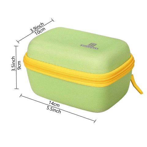 Pro Grade Award Winning Hard Protective Storage Case For Smart Bluetooth Speed Puzzles shown in green color with dimensions.