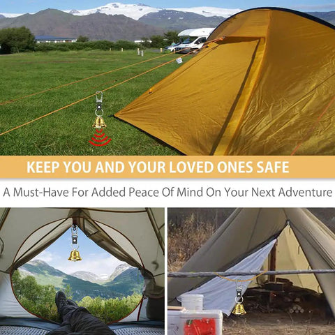 2 Pack Loud Bear Bell Set With Silencer And Emergency Whistle Carabiner attached to a yellow tent, solid brass bell visible