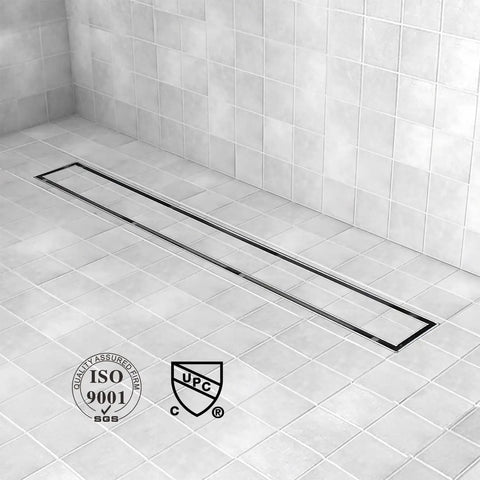 24 Inch Linear Shower Drain With Tile Insert 2 In 1 Panel Brushed 304 Stainless Steel Floor Drain installed on tiled floor