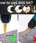 Step drill bit set for metal; titanium HSS, 5-pack, 50 sizes 1/16 to 1-3/8; shown in drill with vertical/tilted usage.