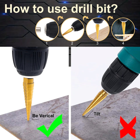 Step drill bit set for metal; titanium HSS, 5-pack, 50 sizes 1/16 to 1-3/8; shown in drill with vertical/tilted usage.
