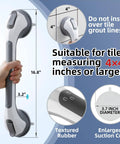 Smooth Operator Suction Shower Grab Bars For Bathtub Safety 2 Pack Strong Grip Handles No Drill Quick Install For Elderly Non Slip Bathroom Handrails Stays Firm Gray 16.8 Inch with textured rubber grip and suction specifications.
