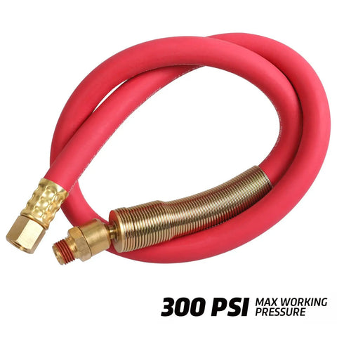 Red Heavy Duty Rubber Air Hose With Solid Brass 1/4 Inch Mnpt Ball Swivel And Fnpt Ends 300 Psi High Pressure Lead In Line 3/8 By 30 Inch For Air Compressors Garage Ready Beefy Build, showcasing hose ends and flexibility.