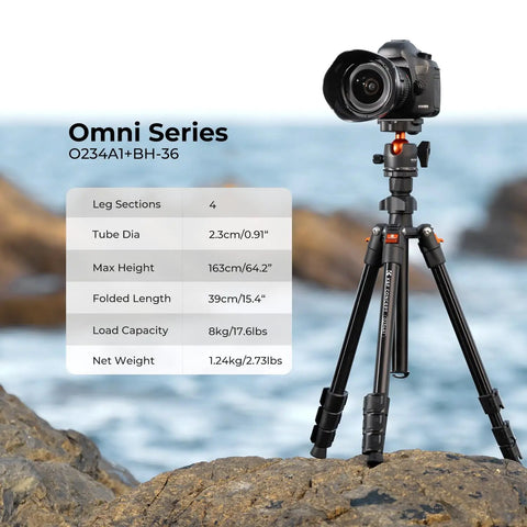 Lightweight 64 Inch Camera Tripod With 360 Degree Ball Head And Smartphone Clip For Live Streaming And Vlog Travel Outdoor DSLR Stand 8 Kg Load Capacity Folds To 39.5 Cm And Extends From 52 Cm To 163 Cm setup on rocky shore