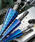 Built Tough 3 Piece Titanium Coated HSS Step Drill Bit Set Making Precision Drilling And Deburring An Absolute Breeze For Sheet Metal Jobs A Total Shop Staple You Are Gonna Love with three vibrant blue drill bits on metal surface.