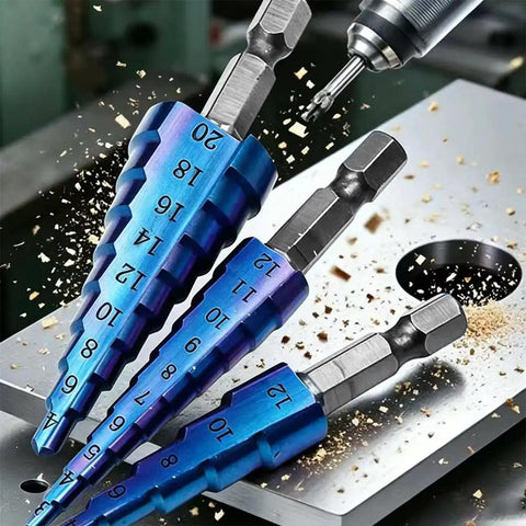 Built Tough 3 Piece Titanium Coated HSS Step Drill Bit Set Making Precision Drilling And Deburring An Absolute Breeze For Sheet Metal Jobs A Total Shop Staple You Are Gonna Love with three vibrant blue drill bits on metal surface.