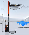 Electric Walkie Pallet Stacker Boasting Badass Strength With A No Sweat 3300 Lbs Load Rating Plus A Slick Nine Foot Lift, side view with dimensions.