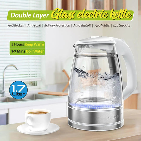 Dual Wall Cool Touch Electric Kettle With Borosilicate Glass Inner, 1.7L, 1500W Fast Boil, Cordless Hot Water Boiler, BPA Free
