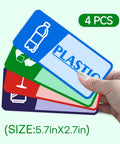 Four Pack Recycle Stickers For Trash Bins Self Adhesive Waterproof Durable And Fade Resistant Recycling Labels For Paper Glass Plastic And Cans Great For Home Office Apartment Hotel School And Public Areas shown with hand holding them