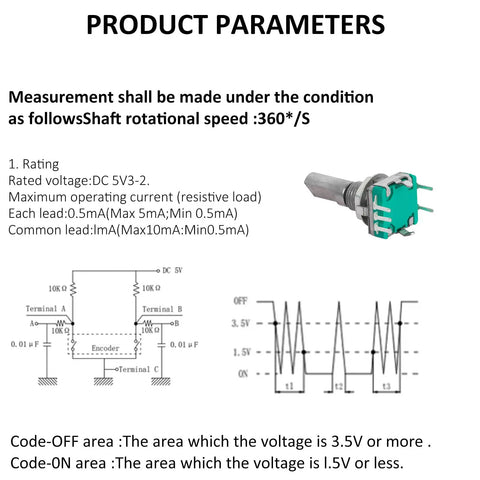 EC11 Rotary Encoder Module Kit, 10 Pieces, 20mm Diameter, Dode Switch Digital Potentiometer With Built-In Switch For Audio Projects, 5V DC, Blue Silver Tone, Durable Plastic and Metal Build product parameters diagram