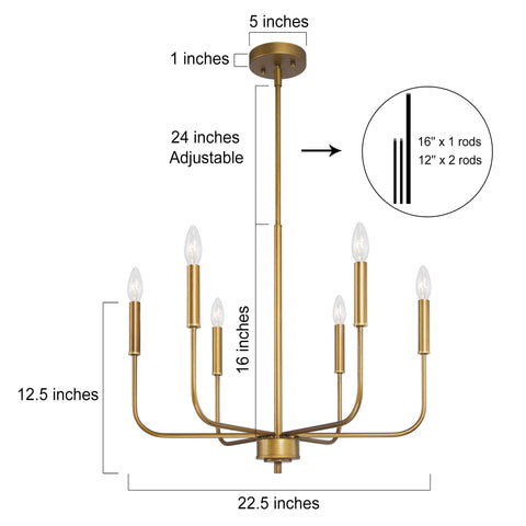 Gold Brass Six Light Chandelier For Dining Room And Living Room, showing dimensions and adjustable rod options.