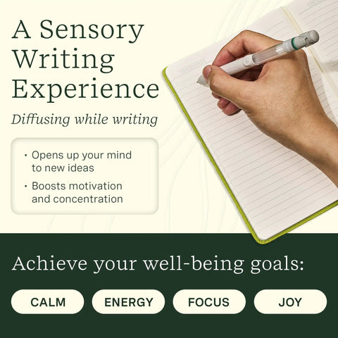 Walk In The Woods Pen Diffuser 1mm Black Ballpoint Diffuses Essential Oil Blends While You Write For Aromatherapy Scented Ink And Sensory Immersion During Journaling And Note Taking, hand writing in notebook