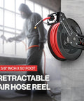 3/8 Inch By 50 Foot Air Hose Reel With Heavy Duty Industrial Build mounted on wall in workshop setting
