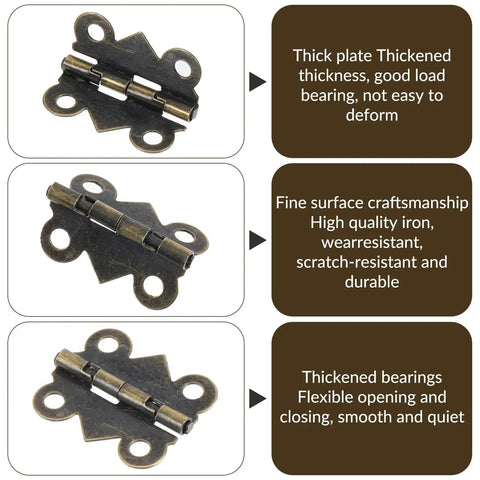 12 Pcs Small Brass Hinges With Screws 1 Inch Retro Vintage Bronze Butterfly Style Hinge Set, showing details and features.