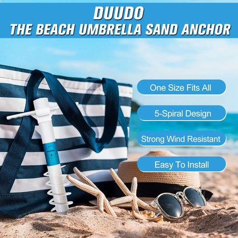 Windproof Beach Umbrella Sand Anchor with Five Spiral Screw Design next to a striped bag on the beach.